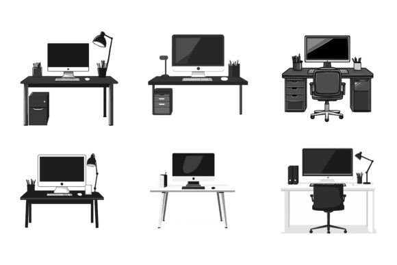 The Modern Workspace: Defining the Wood Desk with Computer Illustration Set
